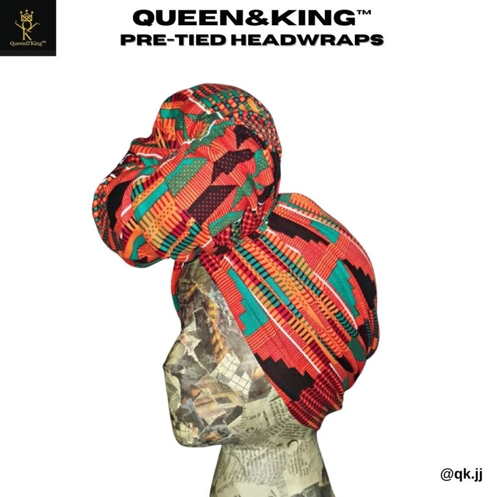 Pre-tied Headwrap (Orange Kente)